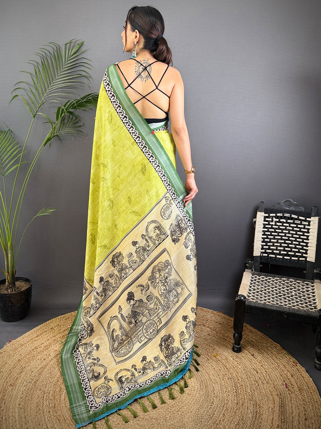 Olive Linen Kalamkari Printed Saree by My Store