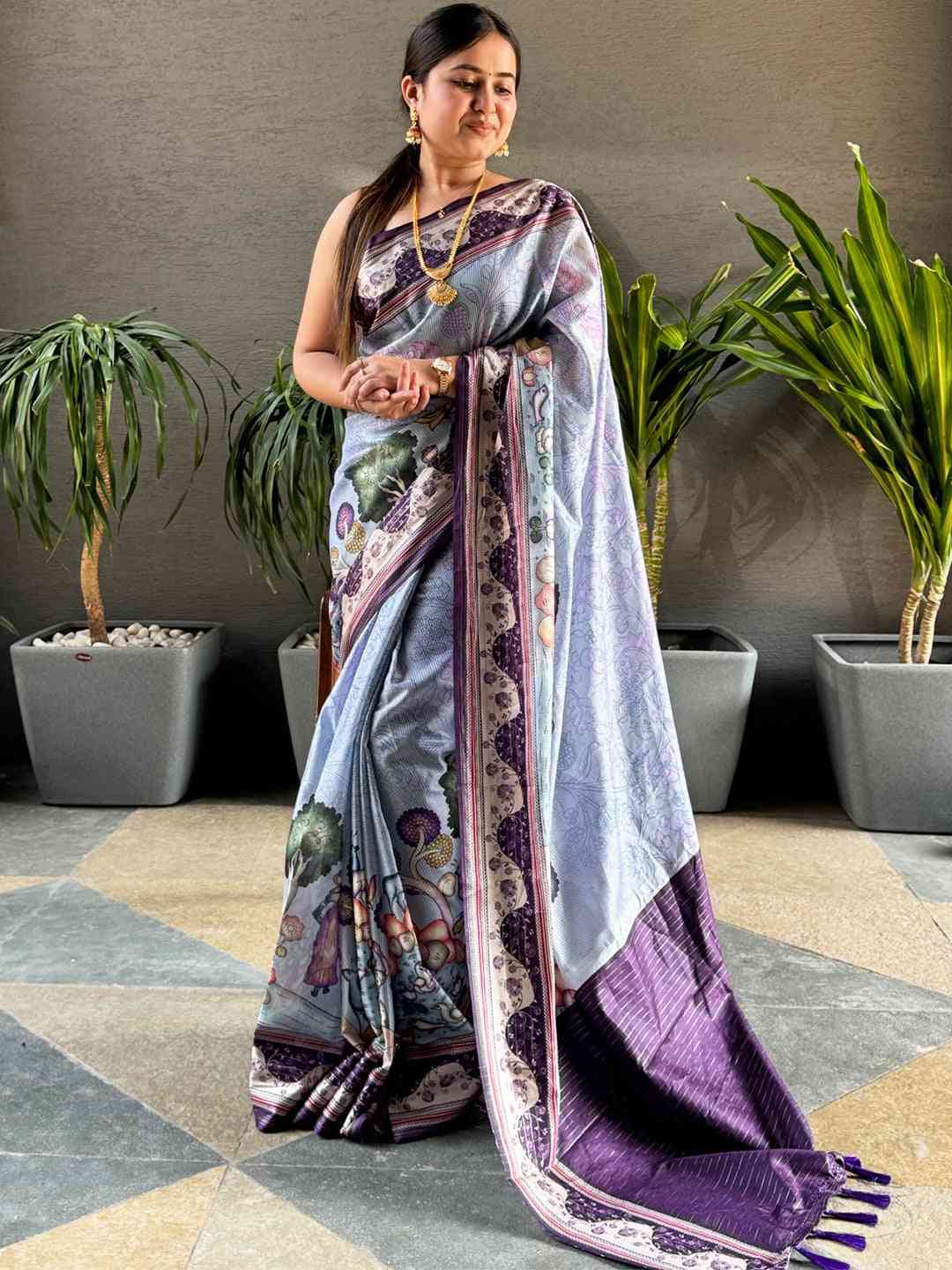 Lavender Colour Satin Kota Doria Digital Kalamkari Zari Pallu by My Store