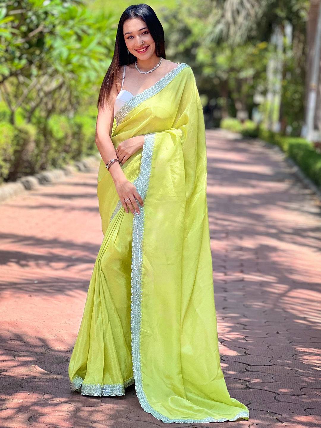 Carnation Green Pure Viscose Dyed Saree by My Store