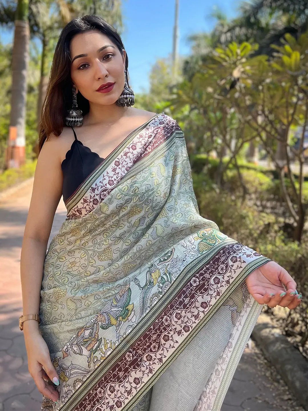 Satin Kota Doria Saree With Kalamkari Digital Print In Pista Colour