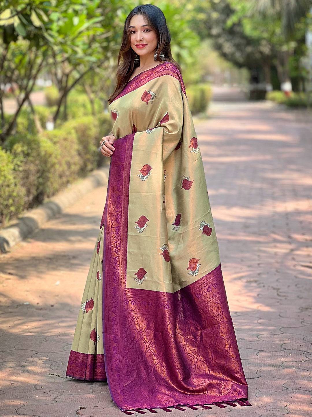 Light Green Kanjivaram Tissue Saree With Gold Zari Weaving by My Store