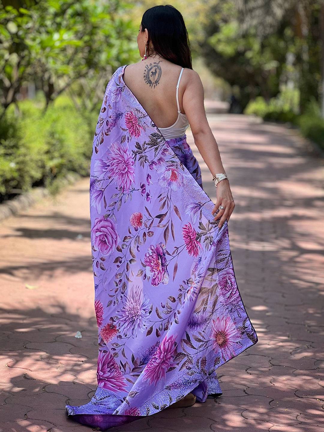 Satin Georgette Lavender Floral Digital Print Saree