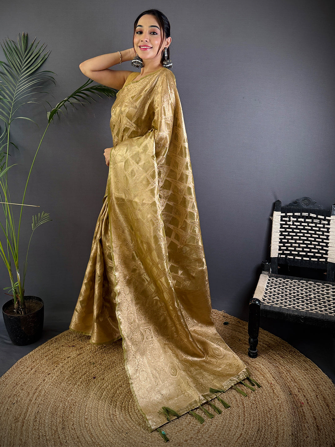 Olive Tissue Jarokha Zari Weaving Saree by My Store