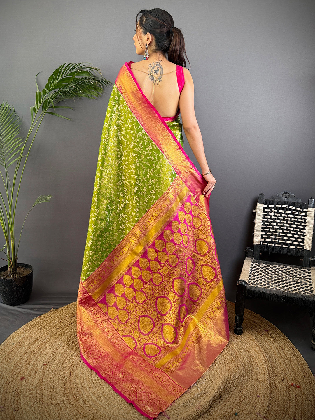 Lime Green Dharmavaram Silk Saree by My Store