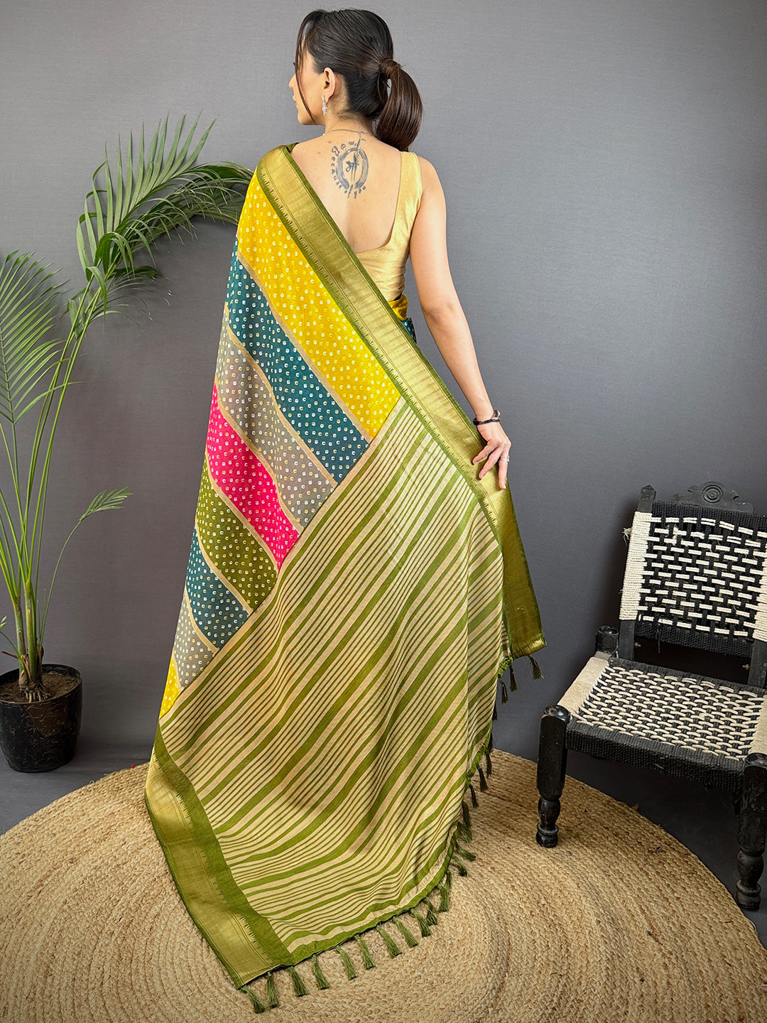 Olive Soft Dola Bandhej Print Saree by My Store