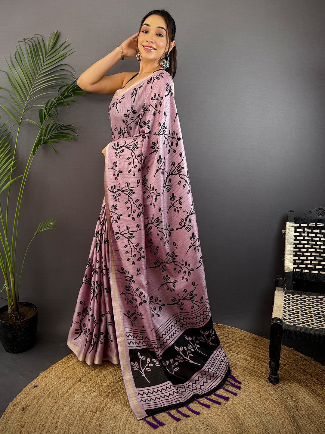 Lavender Ghicha Leaf Print Saree by My Store