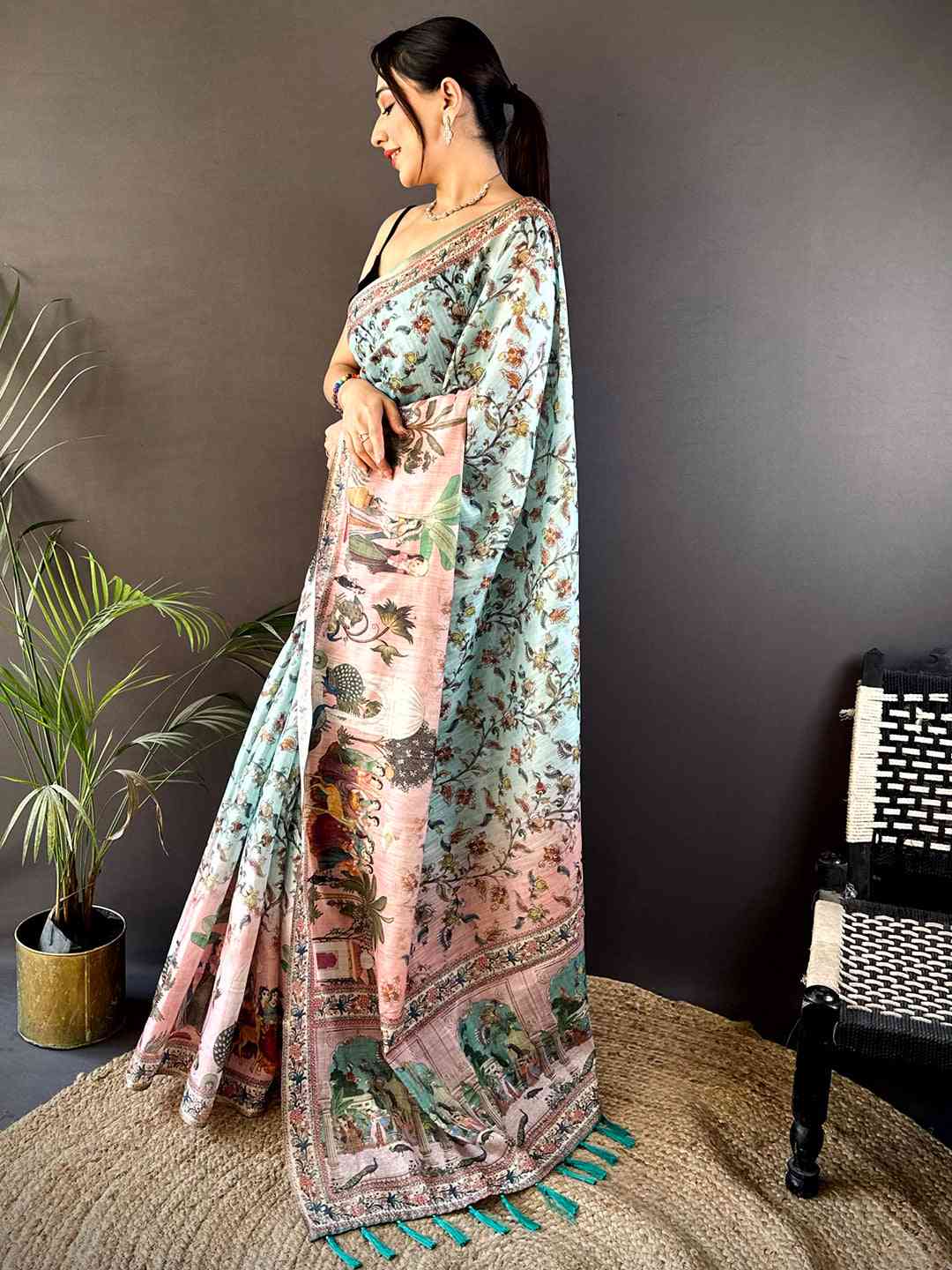 Light Blue Tussar Pashmina Kalamkari Saree by My Store