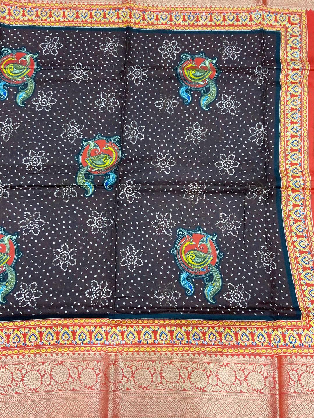 Brown Dola Silk Bandhej Saree by My Store