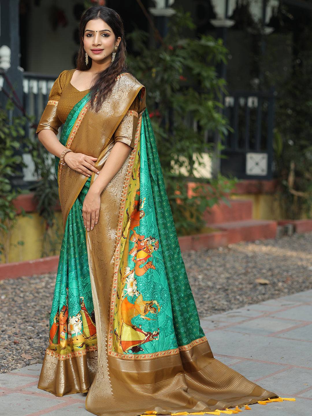 Viscose Dola Silk Turquoise Colour Saree with Floral and Mughal Print - Luxe