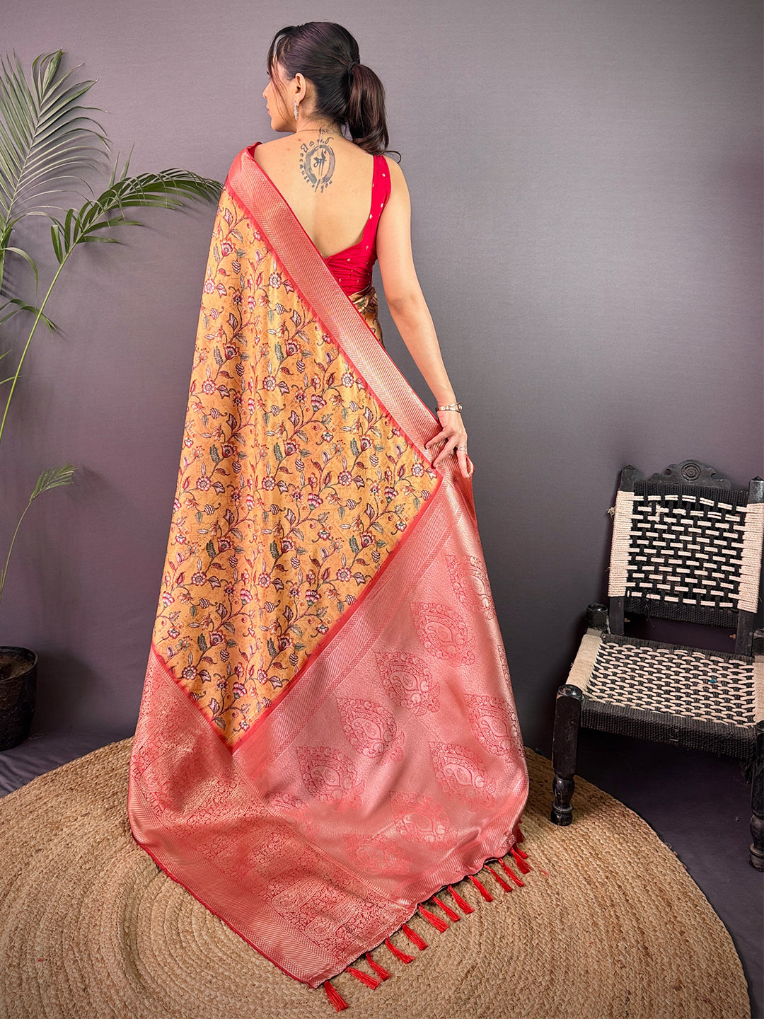 Mustard Yellow Cherry Satin Kalamkari Saree by My Store