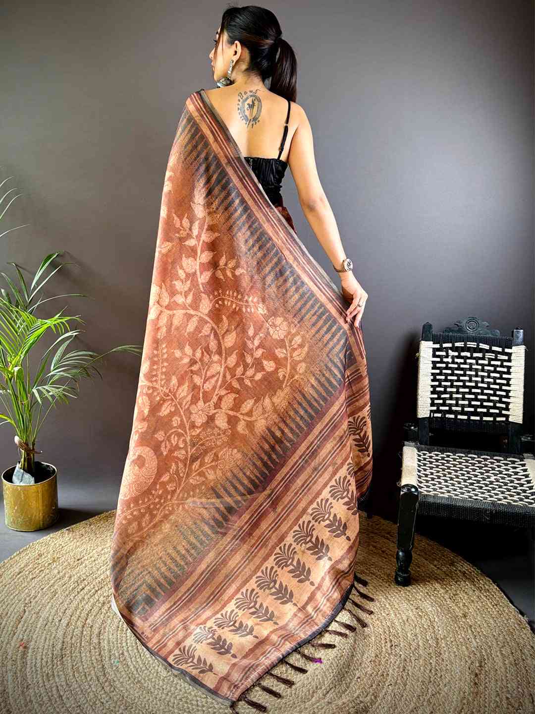 Coffee Brown Floral Stripes Tissue Saree by My Store