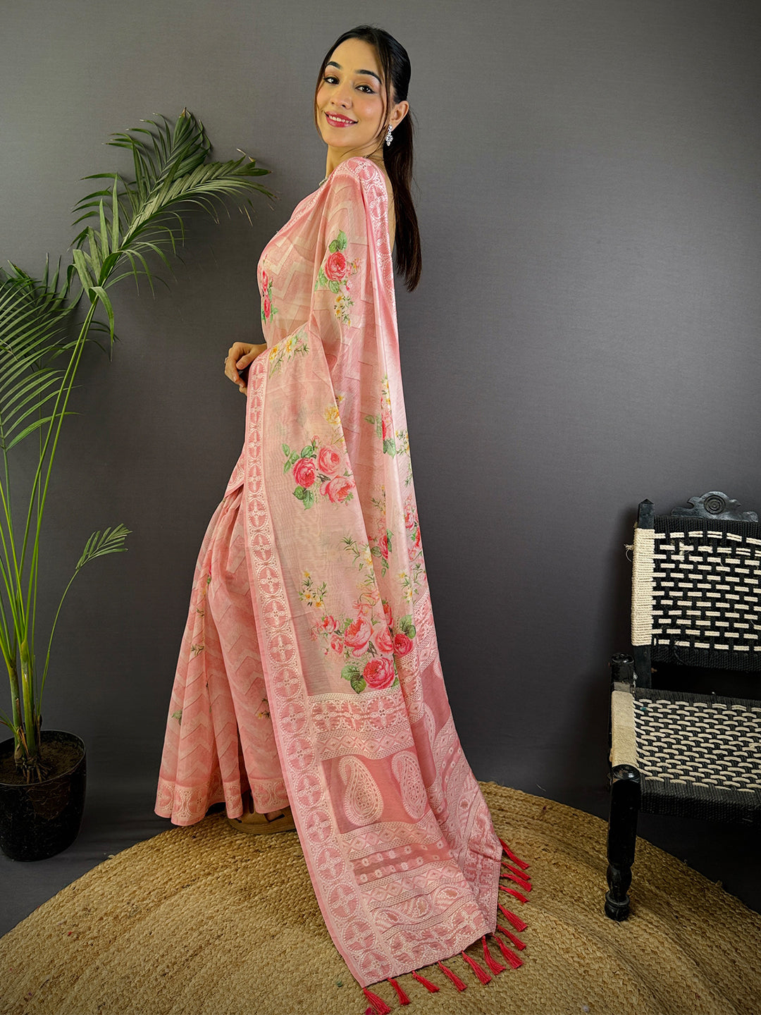 Light Pink Lakhnavi Linen Digital Print Saree by My Store