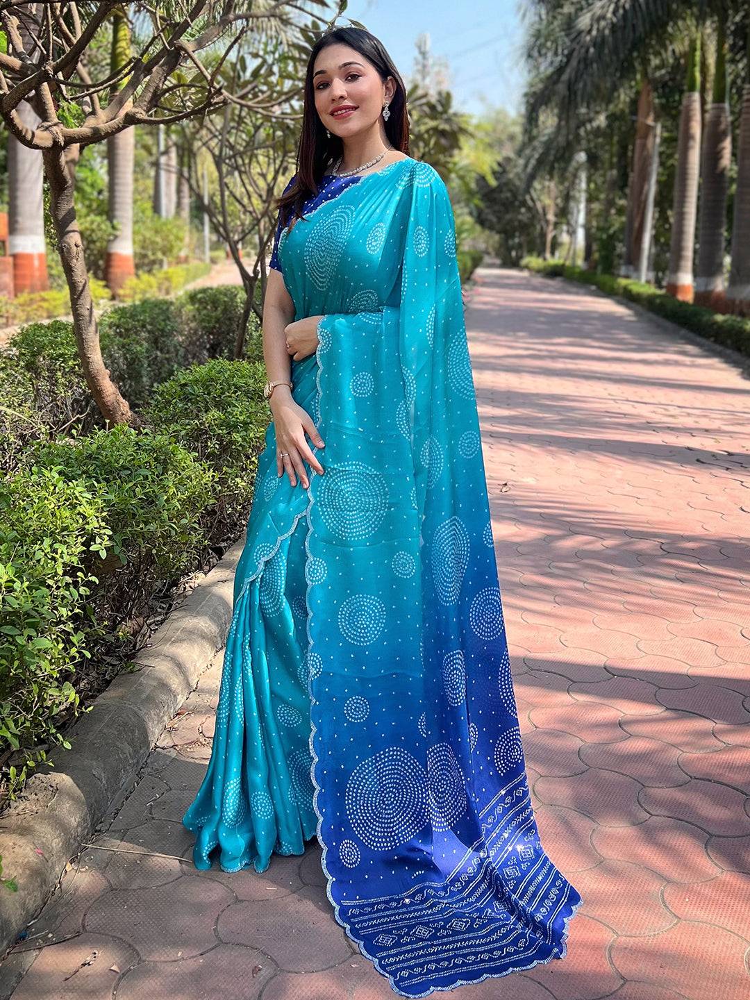 Turquoise Georgette Silk Saree with Ombre Bandhej Print & Swaroski Stone Work