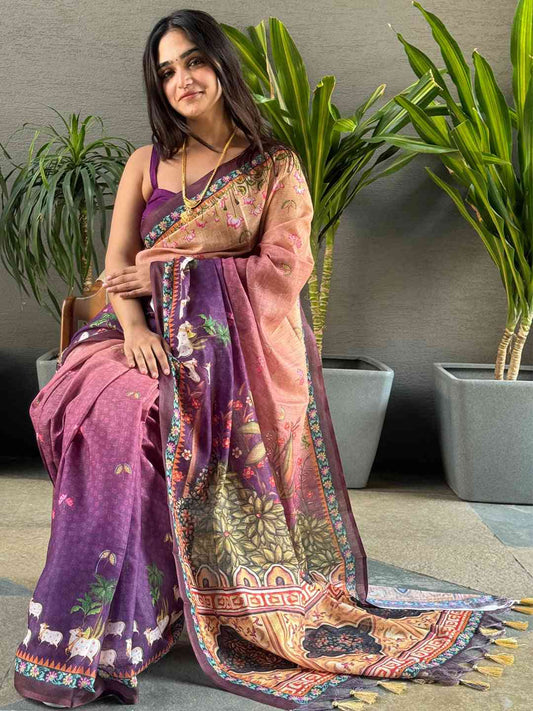 Soft Linen Ombre Pichwai Printed Purple Colour Saree by My Store