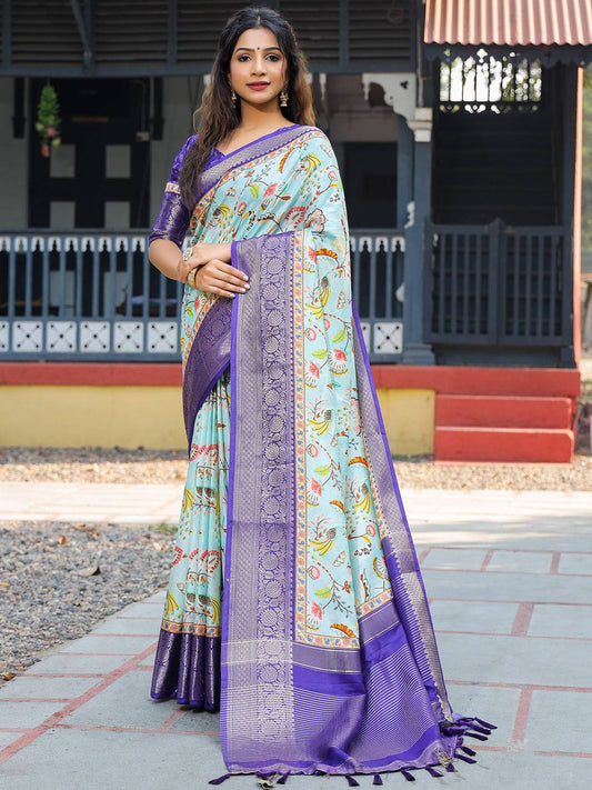 Sky Blue Colour Phulkari Design Zari Weaving Pallu Saree - Luxe by My Store