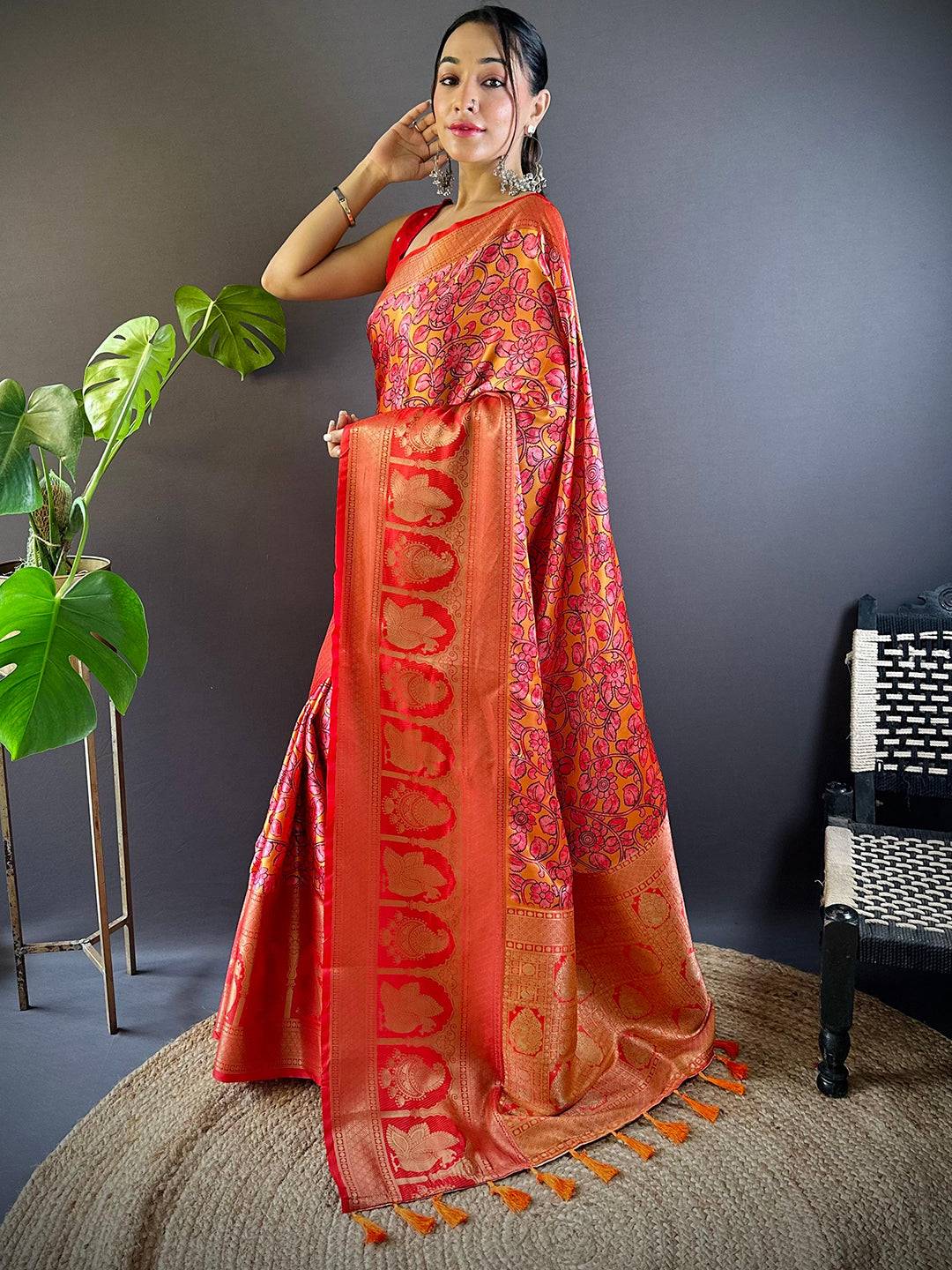 Yellow Charry Satin Floral Saree