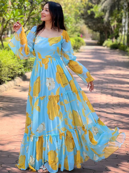Sky Blue Floral Print Dress by My Store