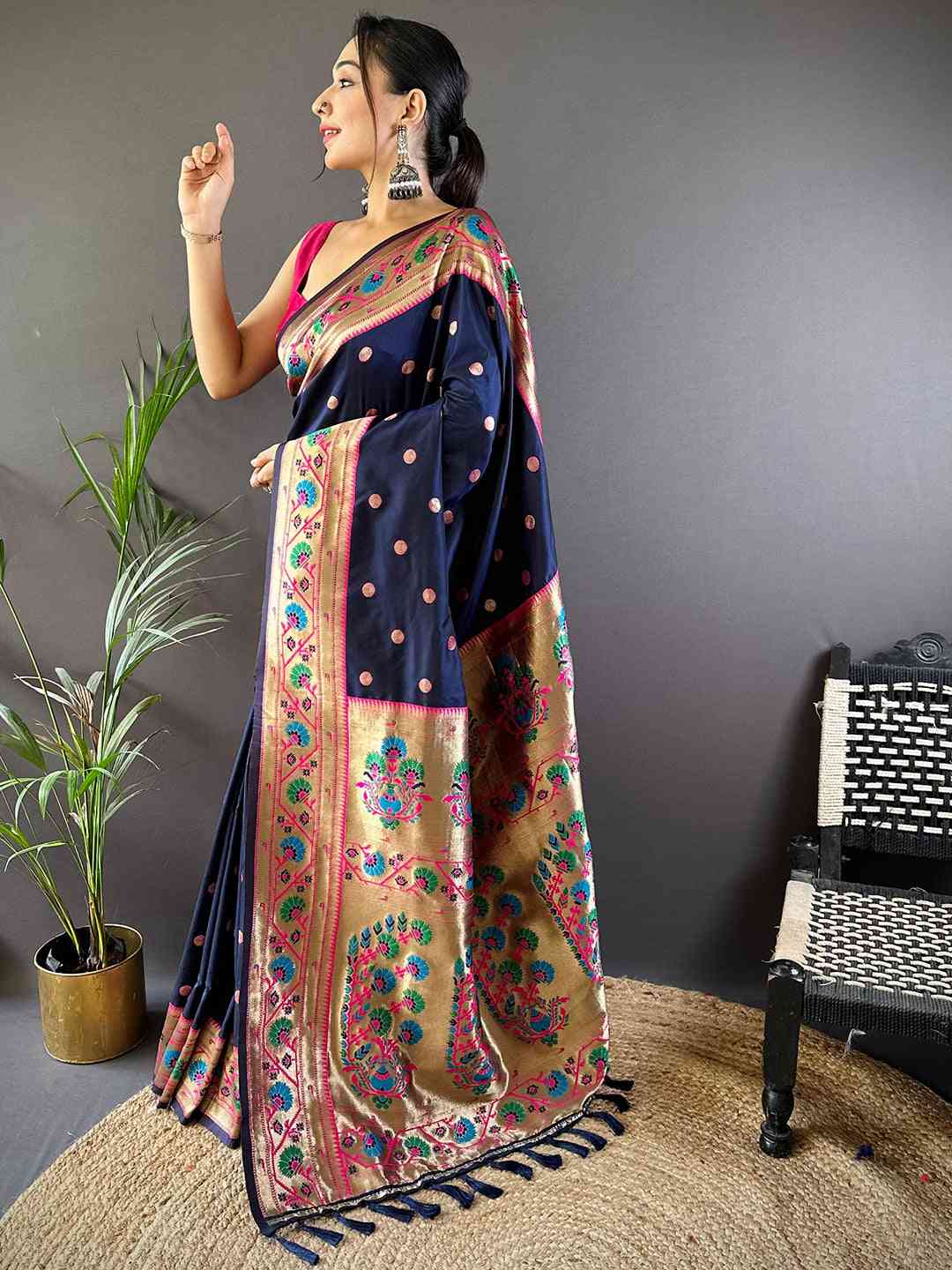 Navy Colour Yevla Paithani Soft Silk Saree by My Store