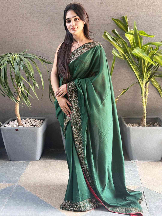 Green colour Vichitra Silk Saree With Embellish Swarovski Stone work by My Store