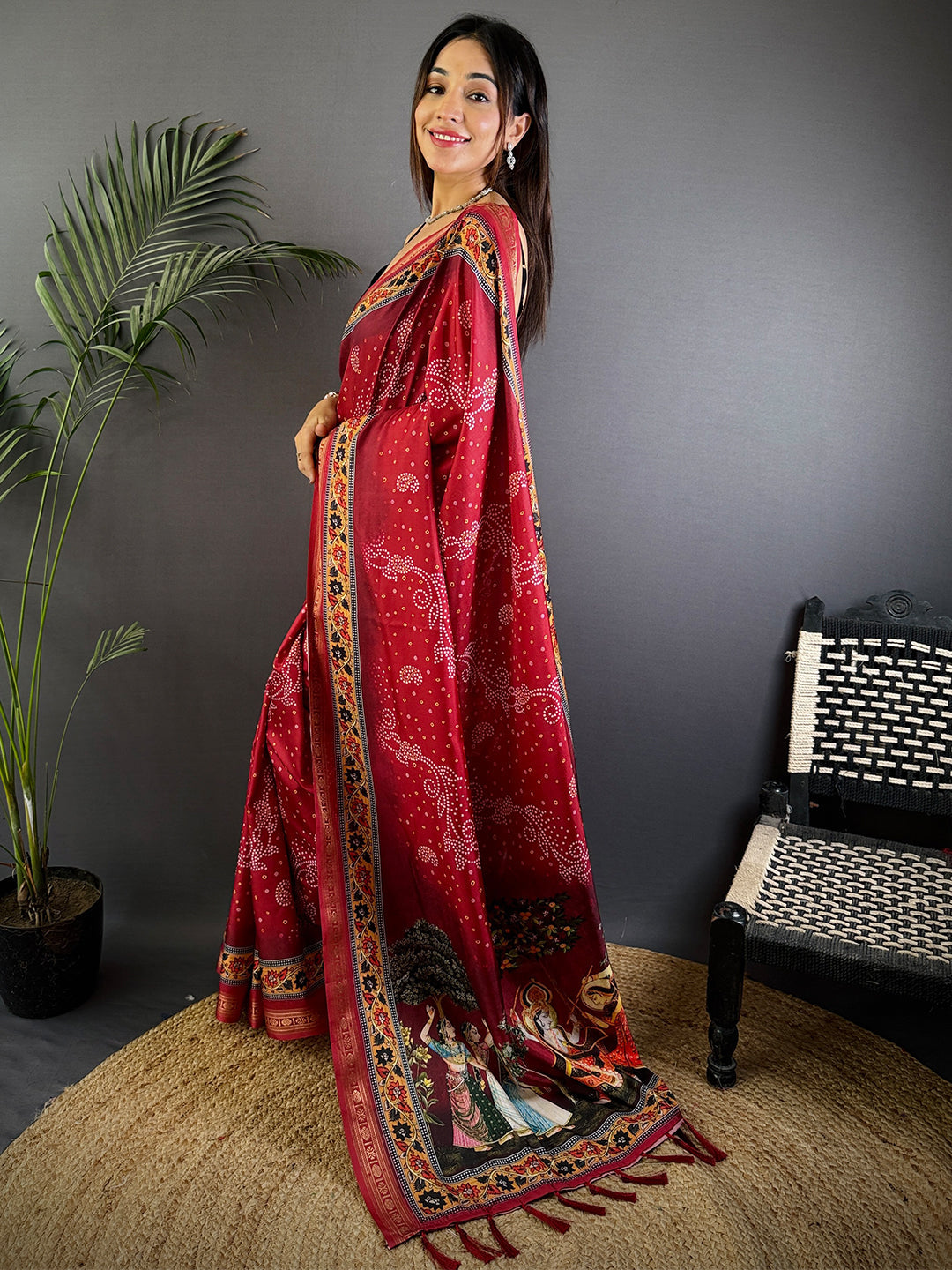 Red Bandhej Kalamkari Soft Silk Saree by My Store