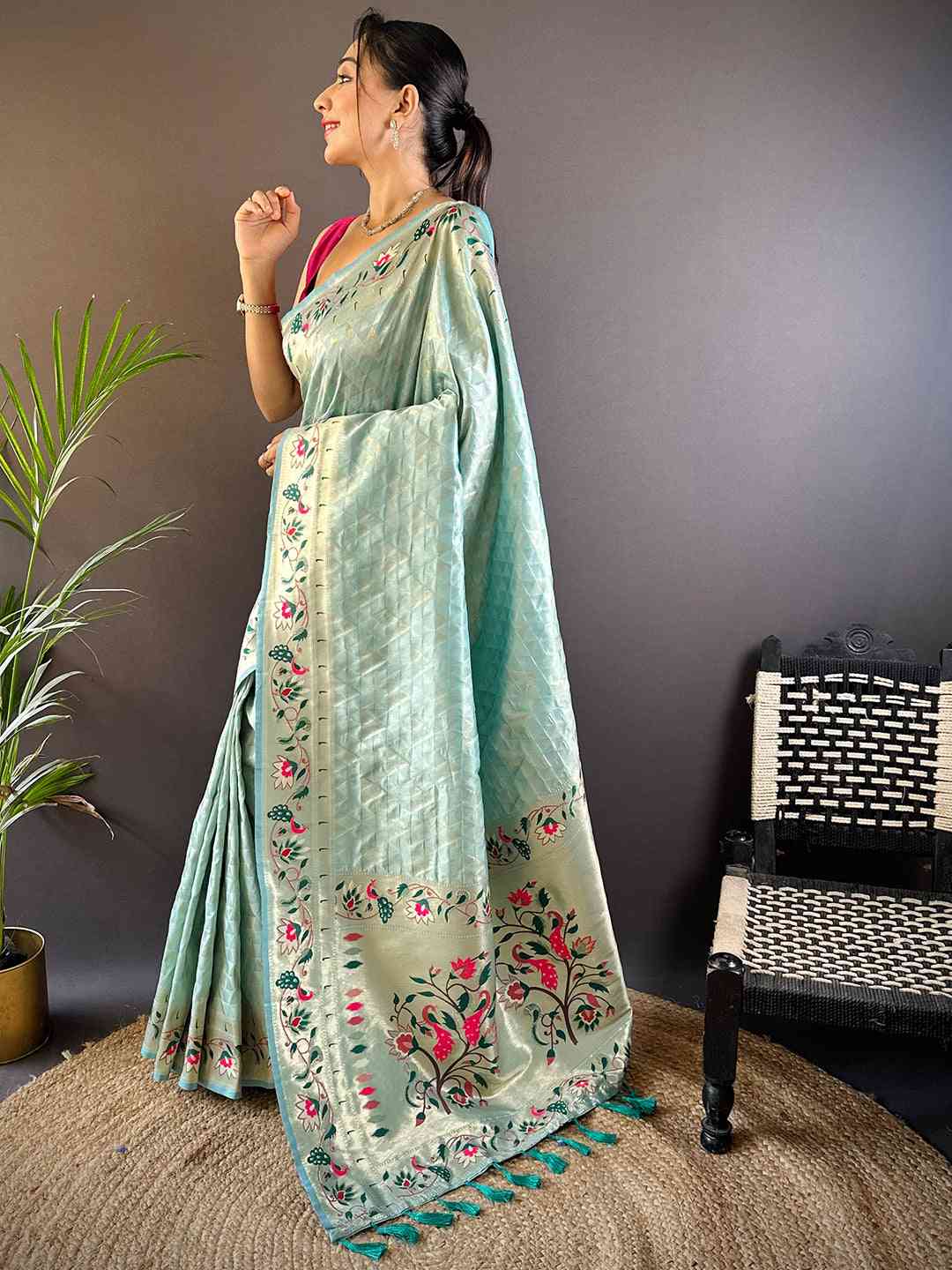 Sky Blue Silk Blend Woven Zari Work Paithani Saree