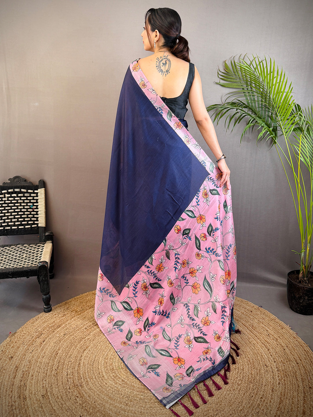 Navy Linen Kalamkari Print Saree by My Store