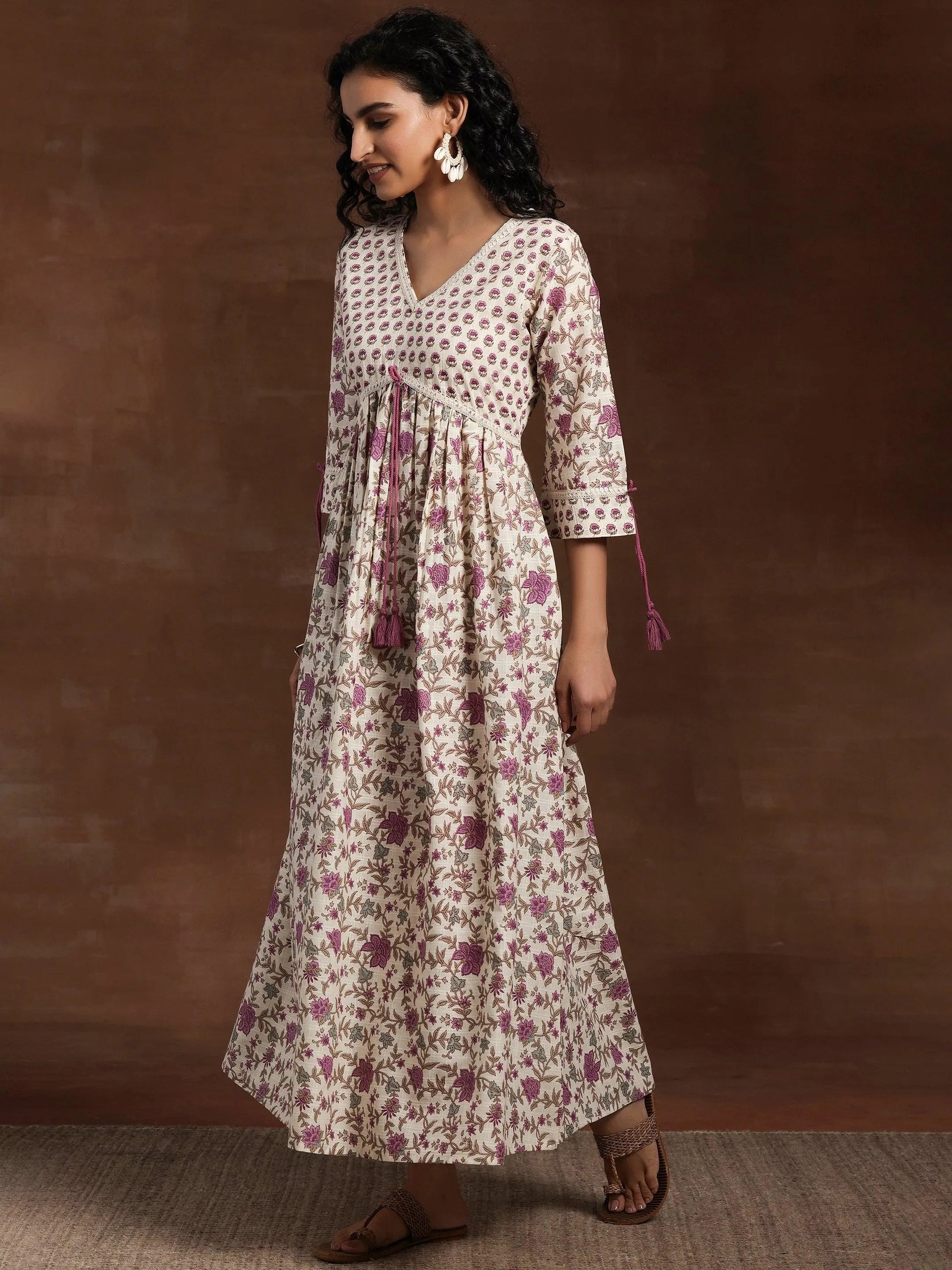 Off White Printed Cotton Fit and Flare Dress by My Store