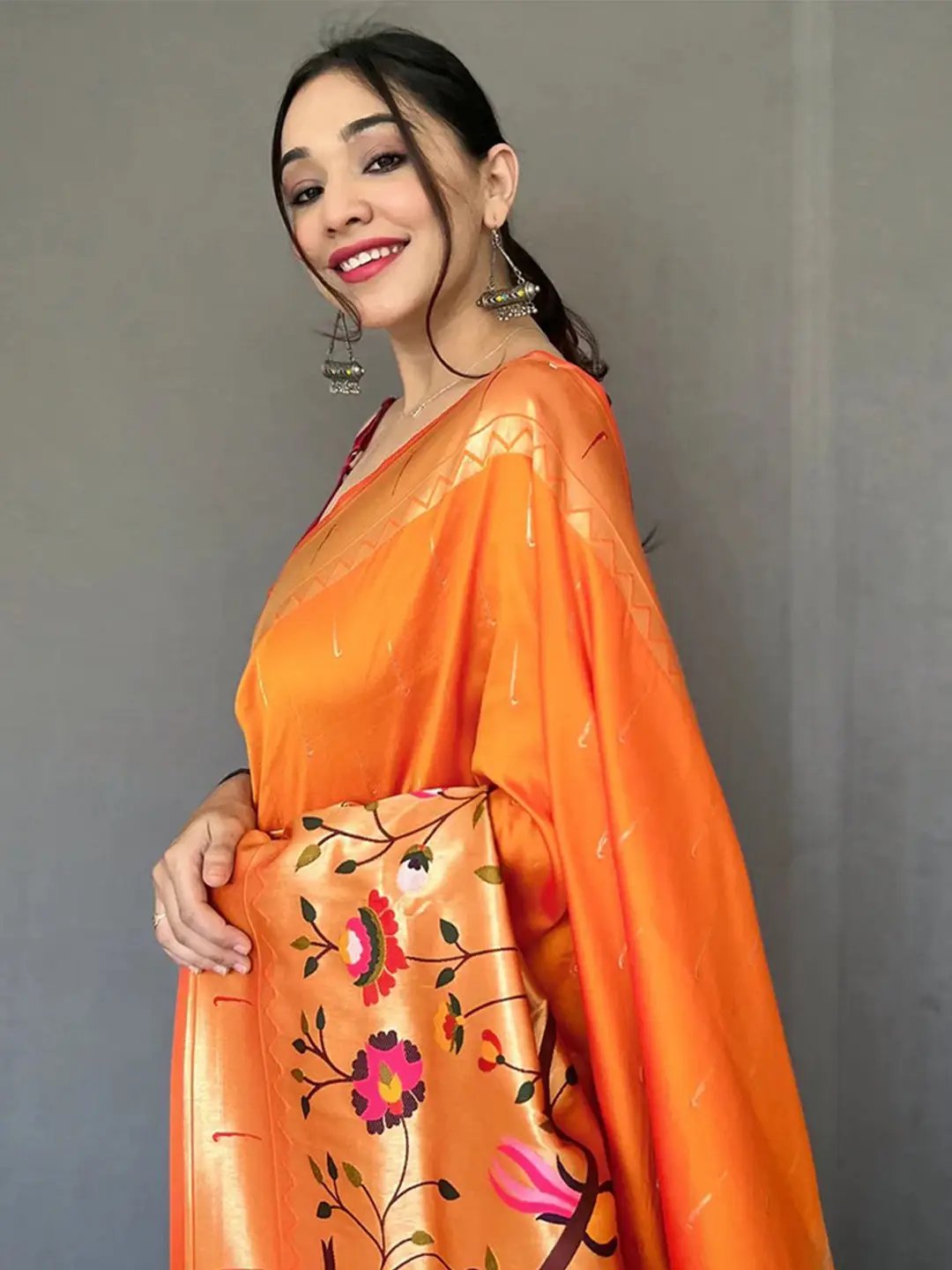 Orange Paithani Big Border Zari Woven Saree by My Store