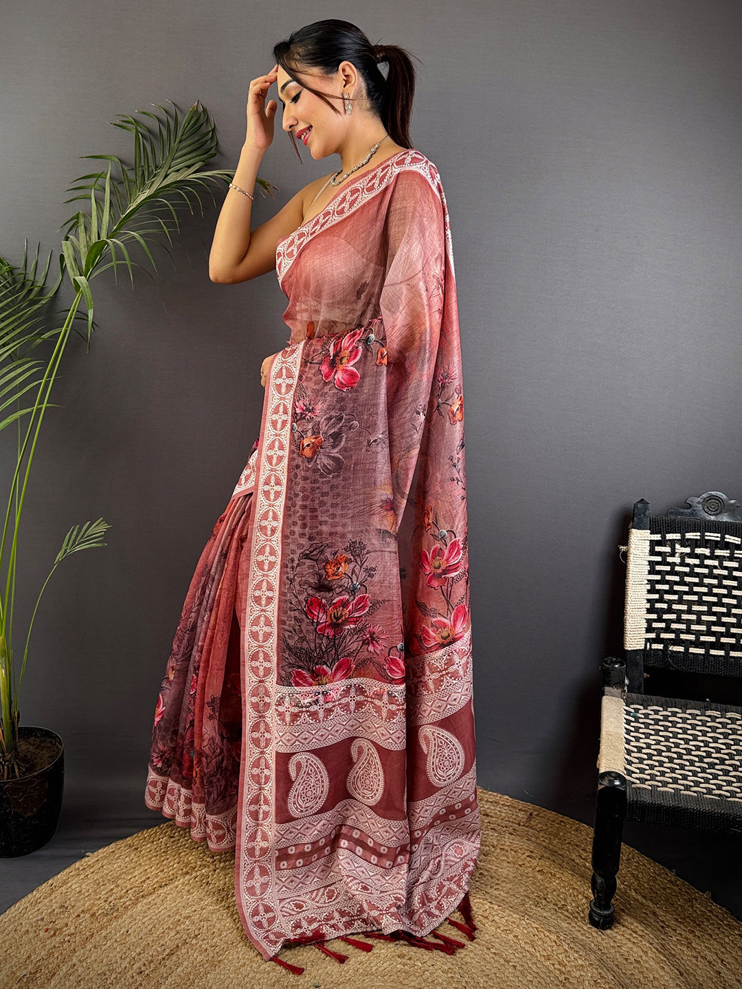 Maroon Lakhnavi Linen Digital Print Saree by My Store