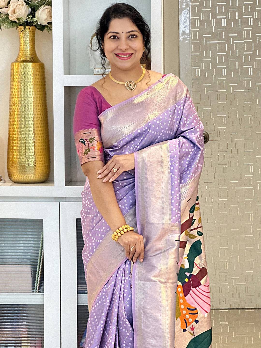 Lavender Soft Silk Bandhej Weaving Saree by My Store
