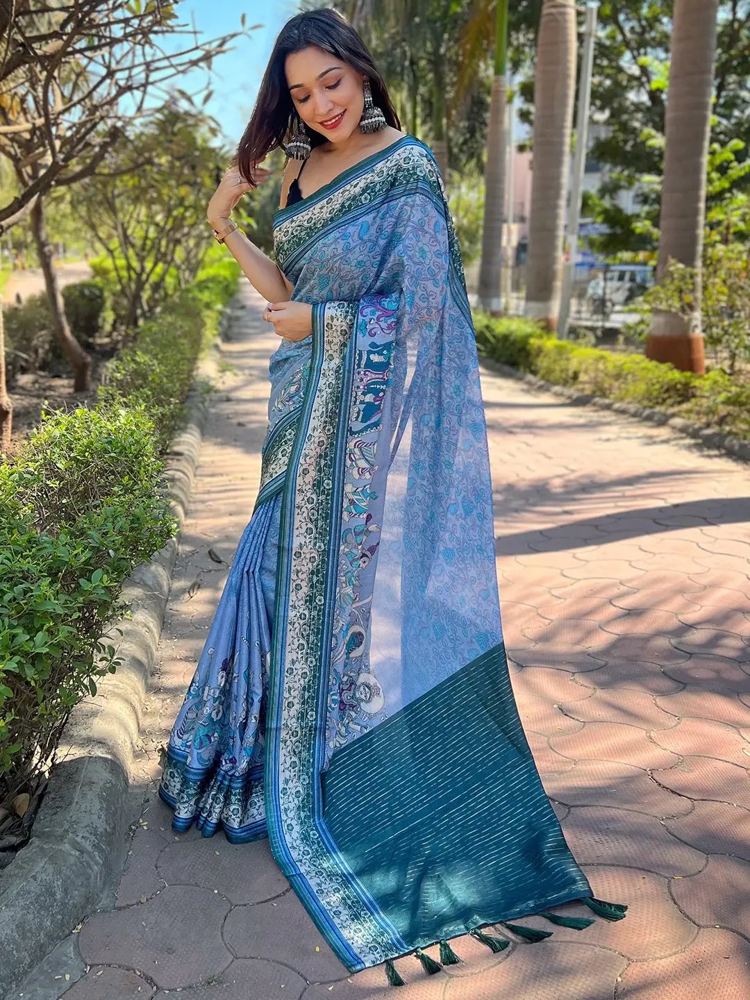 Satin Kota Doria Saree With Kalamkari Digital Print In Blue Colour by My Store
