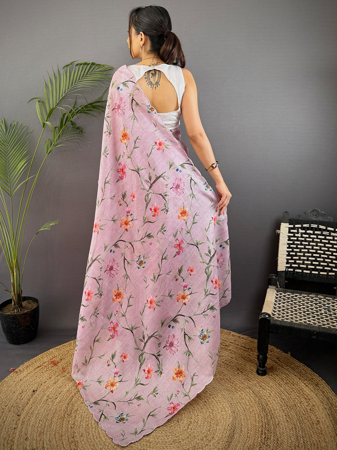 Light Lavender Soft Kota Floral Print Saree by My Store