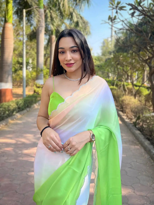 Green Satin Georgette Saree by My Store