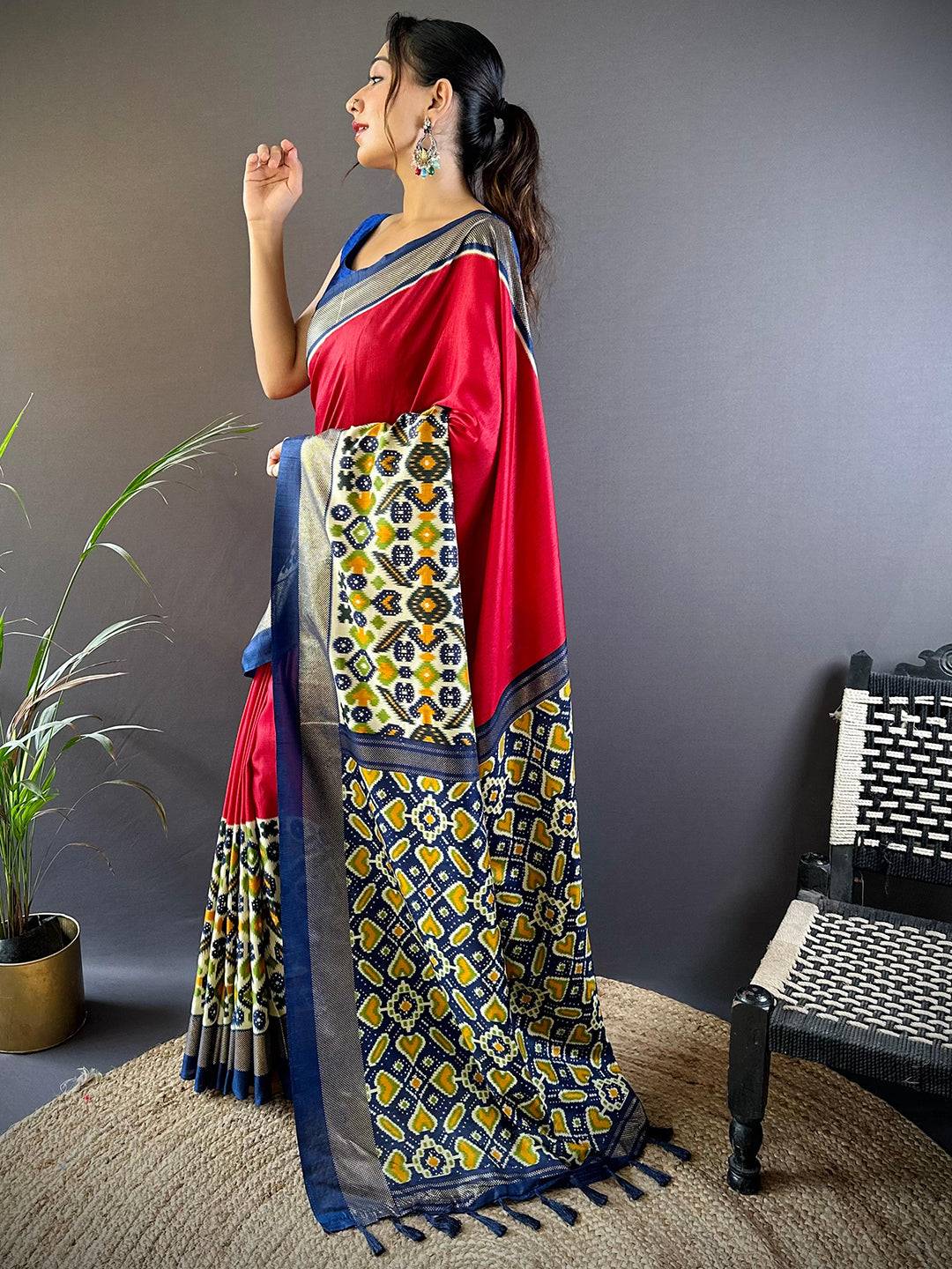 Red Patola Print Chanderi Saree by My Store