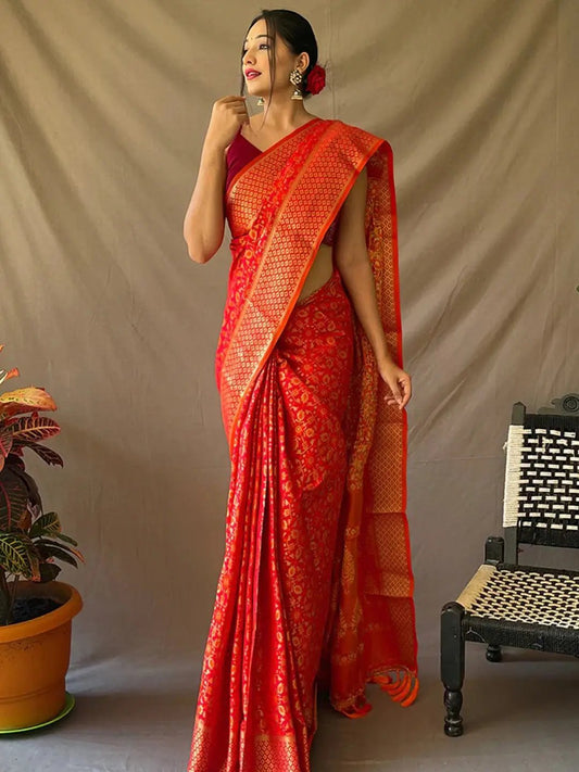 Red Rajkoti Patola Silk Zari Woven Saree by My Store