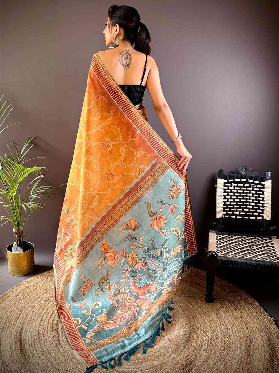 Orange Floral Chanderi Saree by My Store