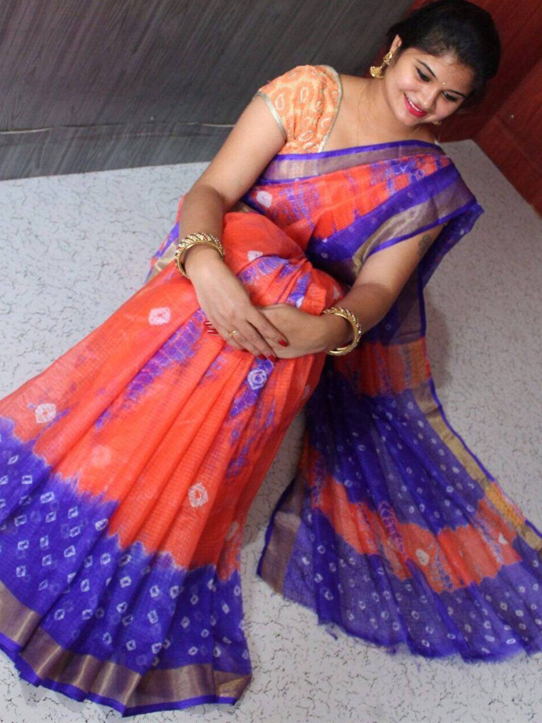 Orange Kota Doriya Bandhej Saree by My Store