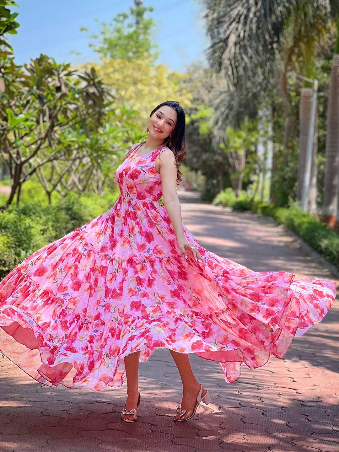Neon Pink Floral Print Dress by My Store
