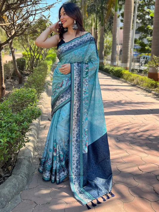 Satin Kota Doria Saree With Kalamkari Digital Print In Turquoise Colour by My Store