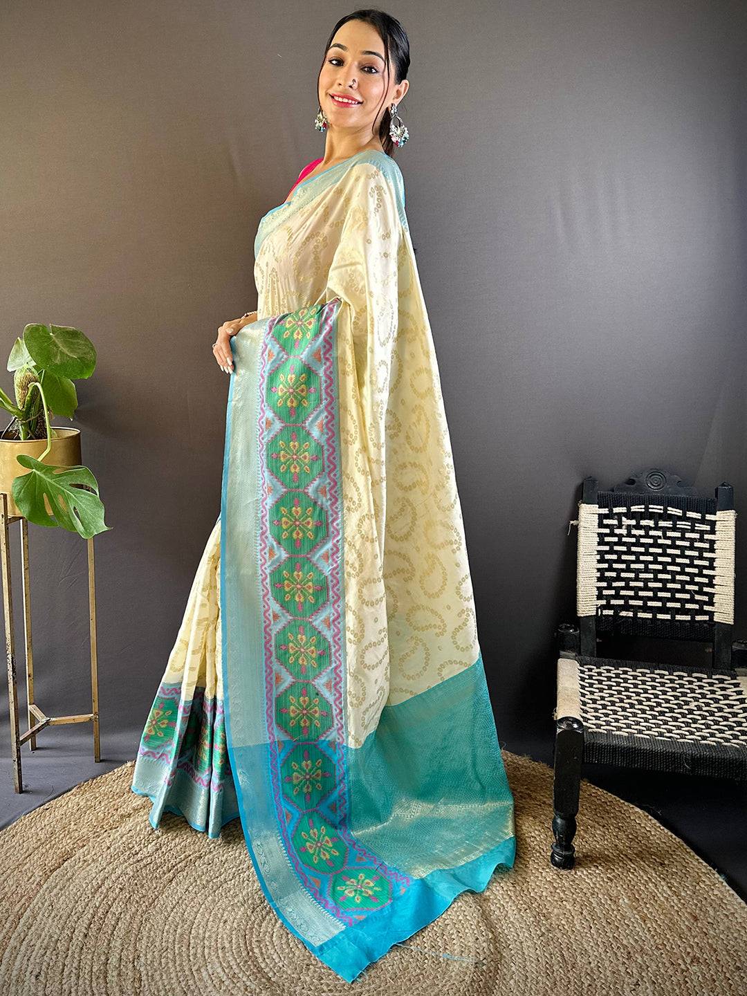 White Katan Silk Ikkat Saree