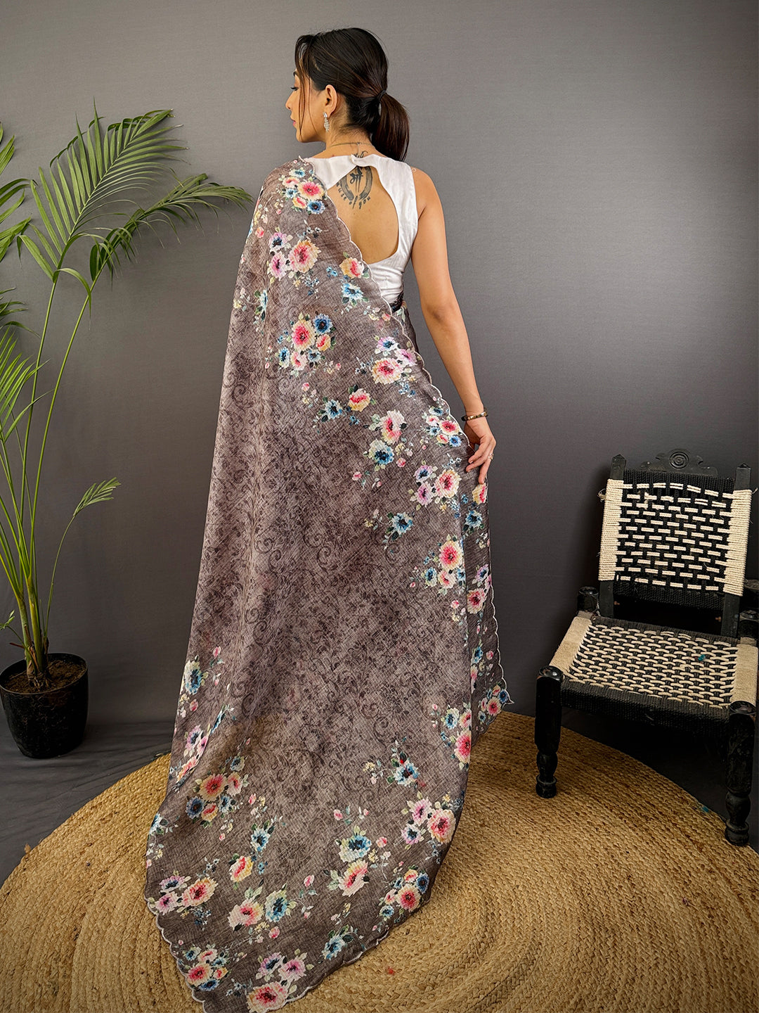 Charcoal Brown Kota Floral Digital Cut Work Saree by My Store