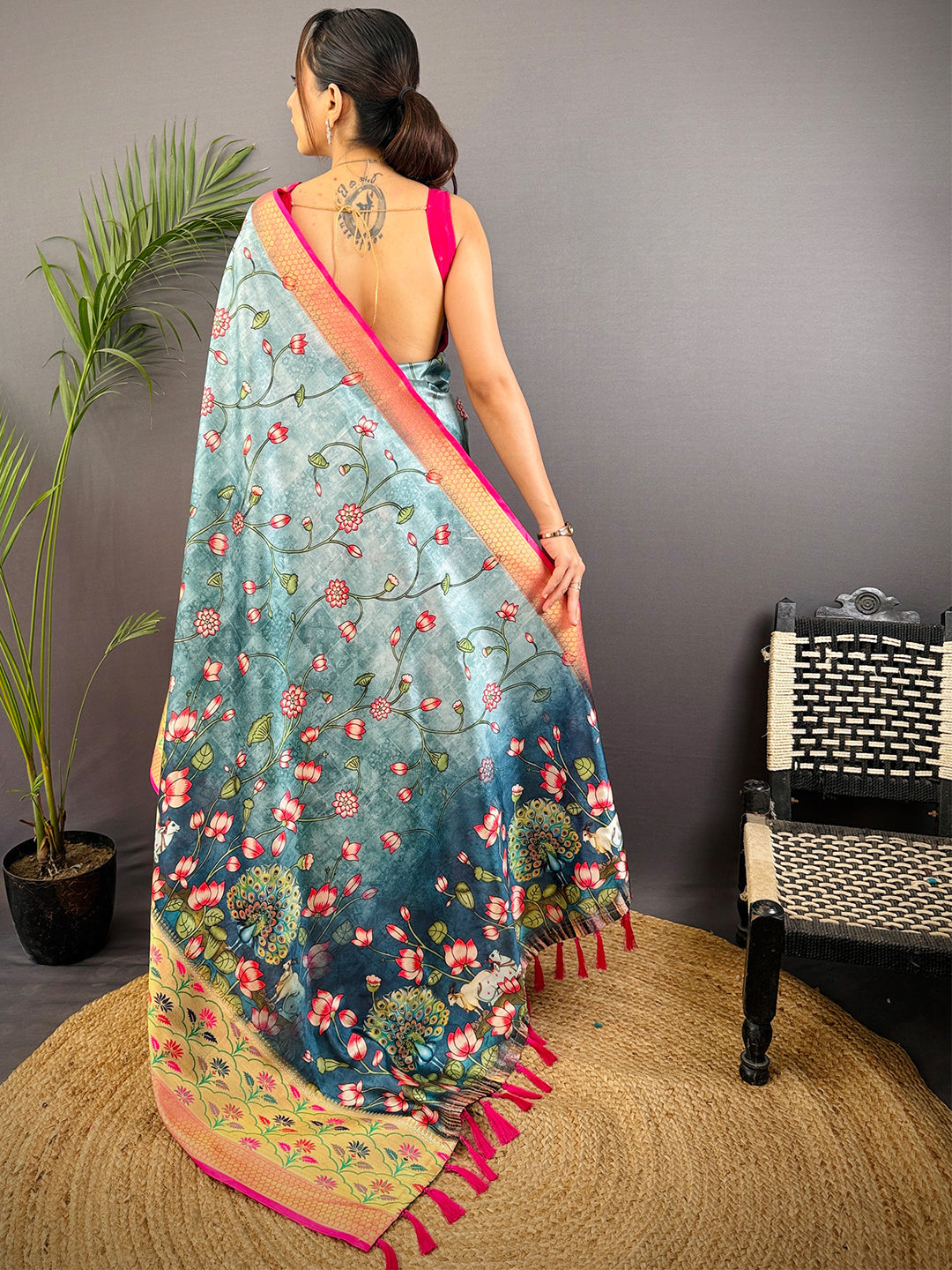 Teal Freehand Digital Print Soft Silk Saree by My Store