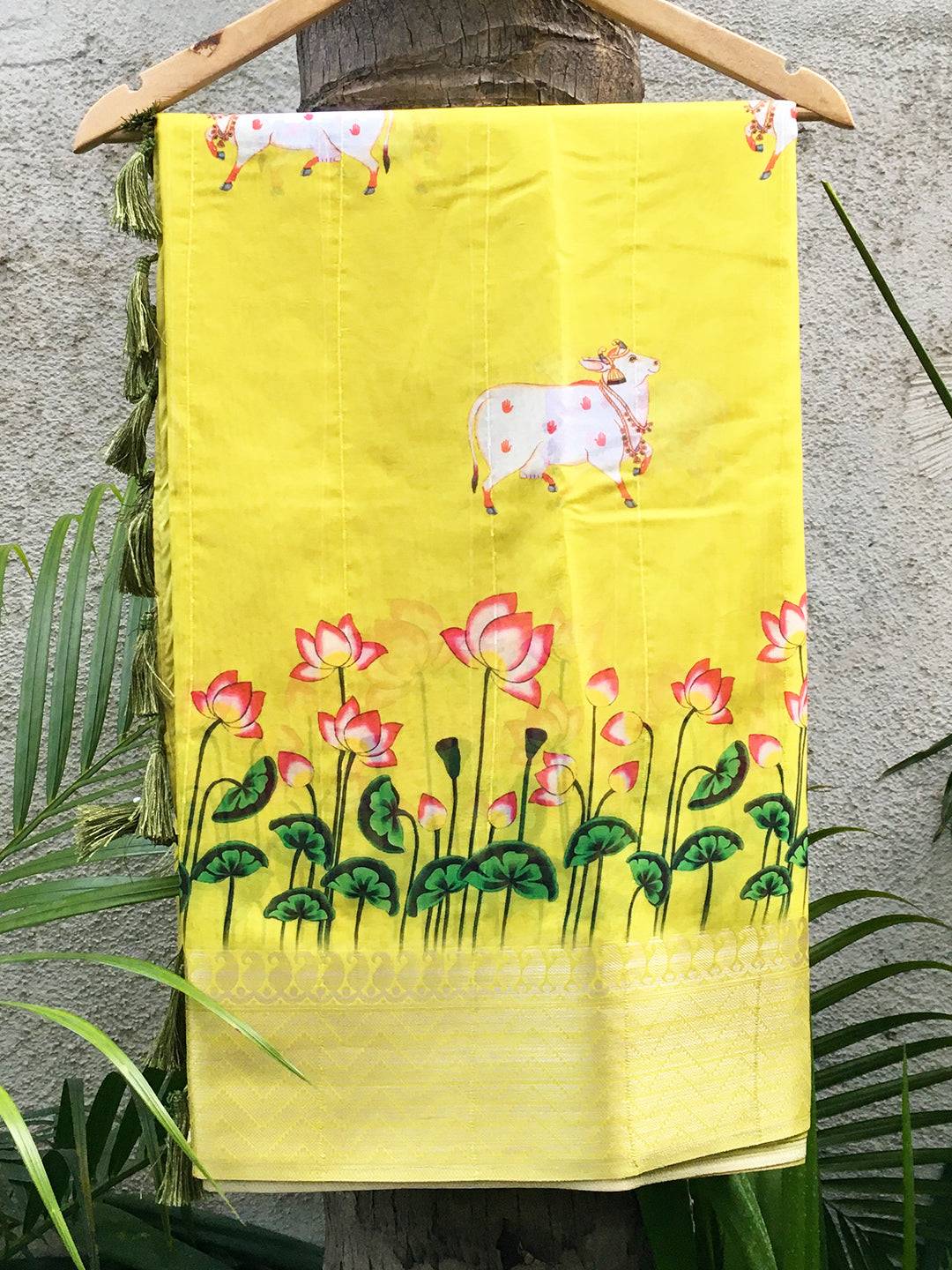 Lime Yellow Organza Pichwai Print Saree by My Store