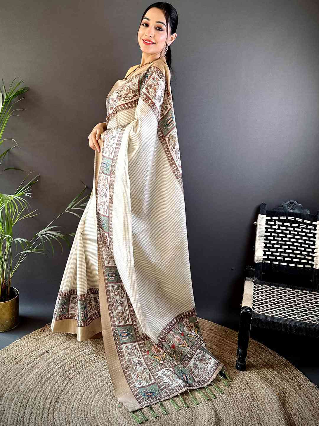 Radiant Off White Soft Silk Digital Print Saree by My Store