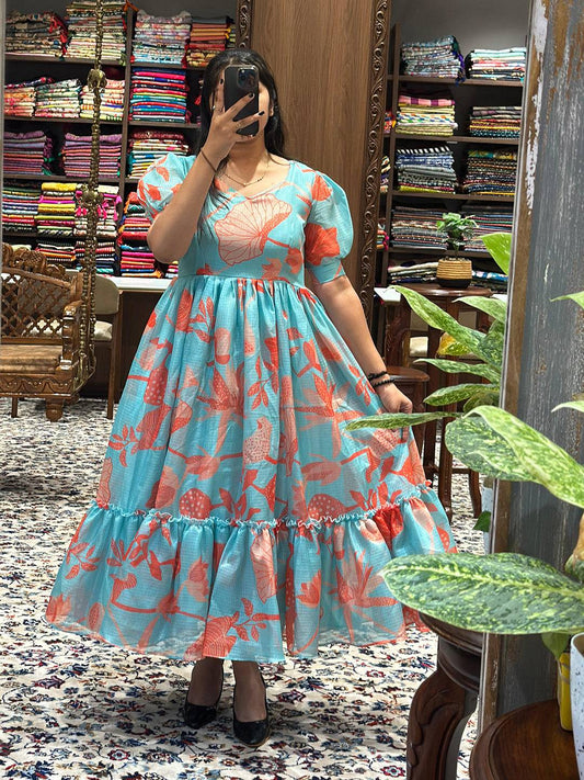 Sea Blue Floral Print Dress by My Store