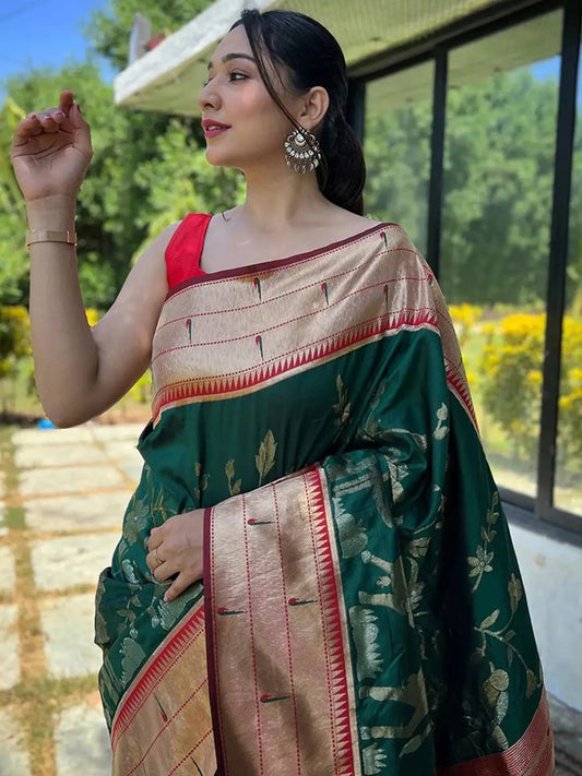 Dark Green Colour Paithani Silk Pichwai Woven Saree by My Store