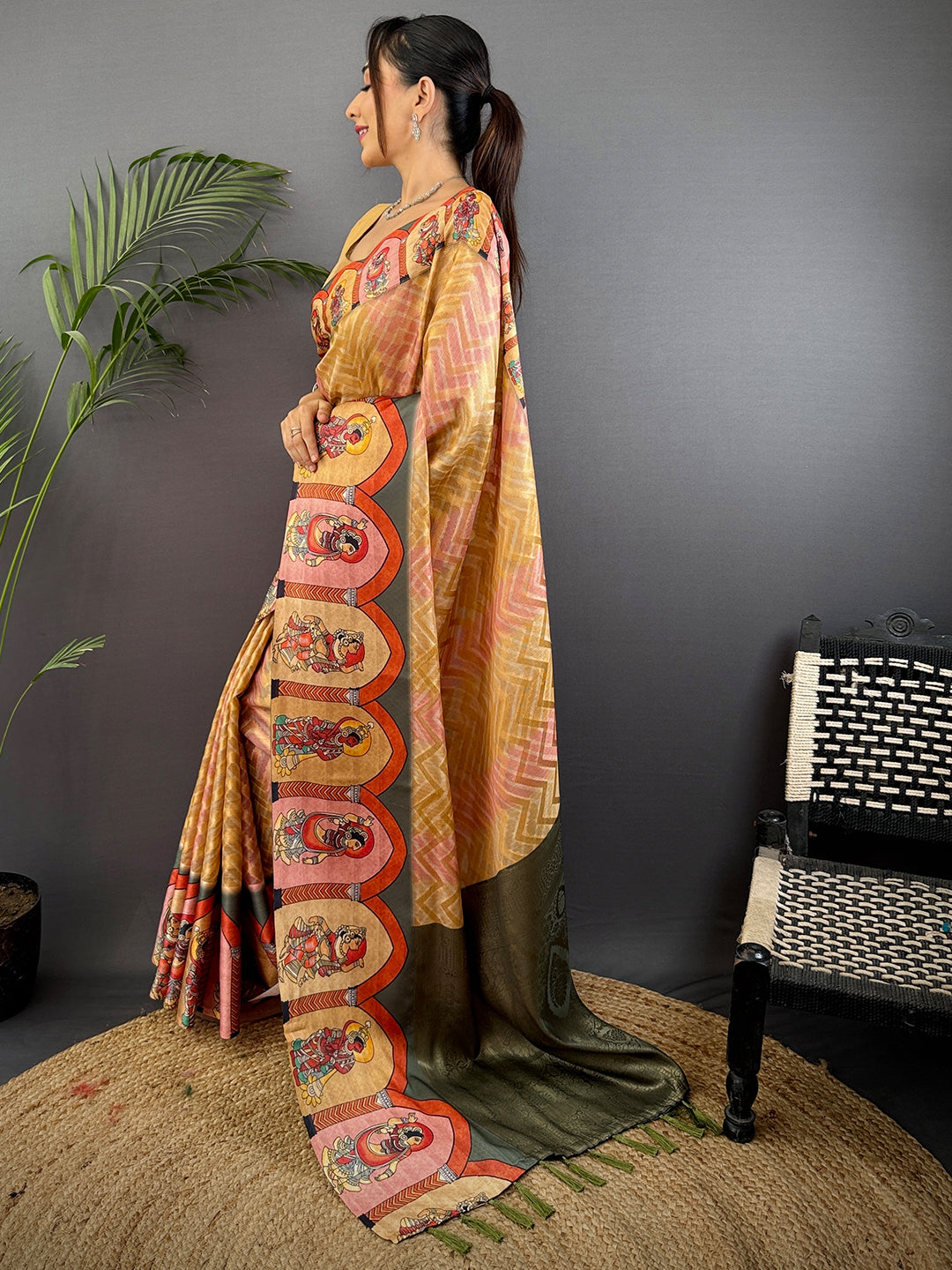 Mustard Yellow Madhubani Print Soft Silk Saree by My Store