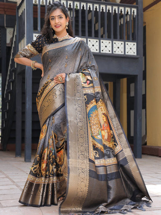 Pure Viscose Dola Silk Saree With Zari Weaving Pallu In Grey Colour - Luxe by My Store