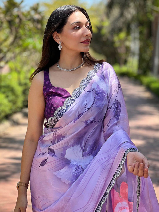 Purple Satin Georgette Floral Print Saree by My Store