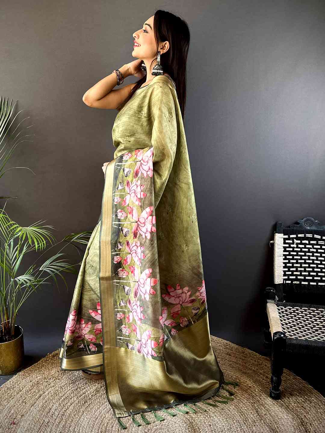 Olive Floral Grace Soft Silk Tissue Saree by My Store
